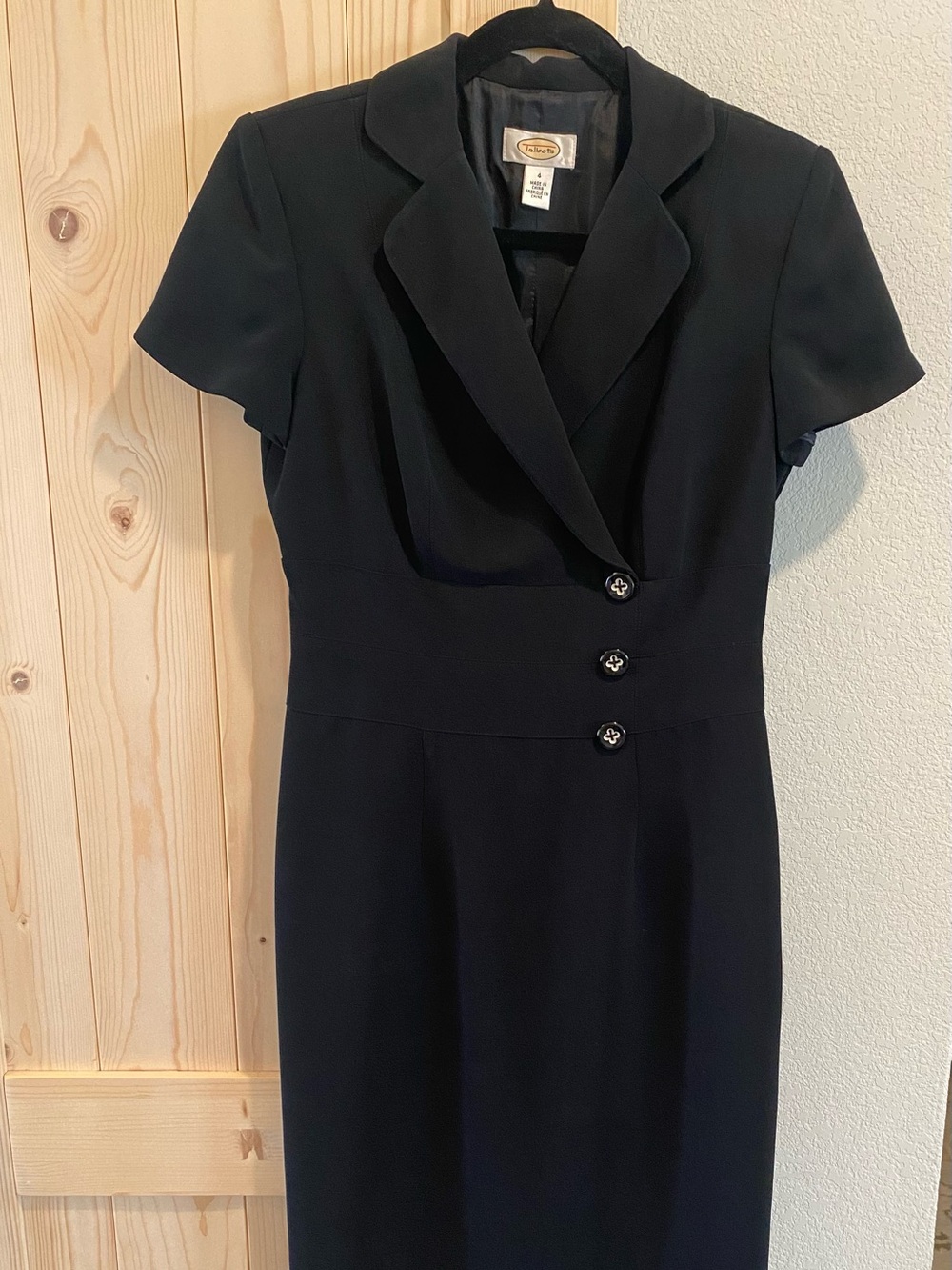 Vintage Talbots Black Sheath Midi Suit Dress Size 4 Short Sleeve Blazer Neck
